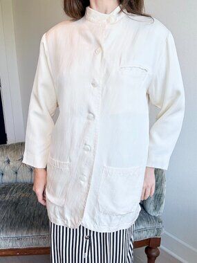 Vintage Ivory Silk Chore Jacket Oversized Small Mandarin Collar Quiet Luxury